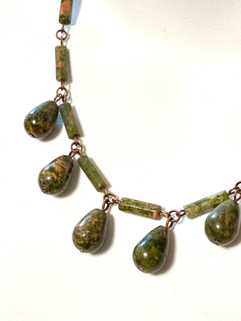 Rustic Natural Green Unakite Necklace, Genuine Gemstone & Copper Links